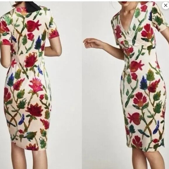 ZARA Velvet Velour Floral Midi Dress V-Neck | Size M - Picture 2 of 14